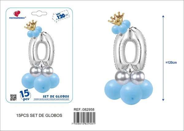 Set de globos azul de 15 piezas con número de corona, color plateado, número 0