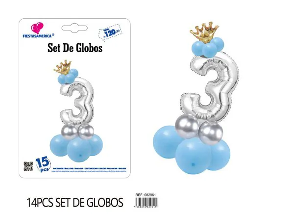 Set de globos azul de 15 piezas con número de corona, color plateado, número 3