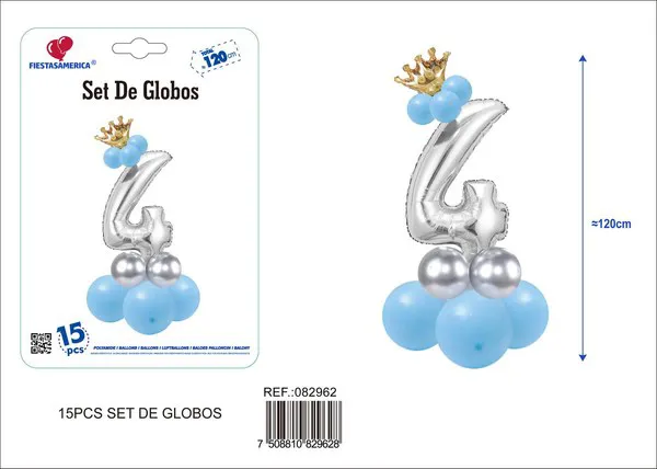 Set de globos azul de 15 piezas con número de corona, color plateado, número 4