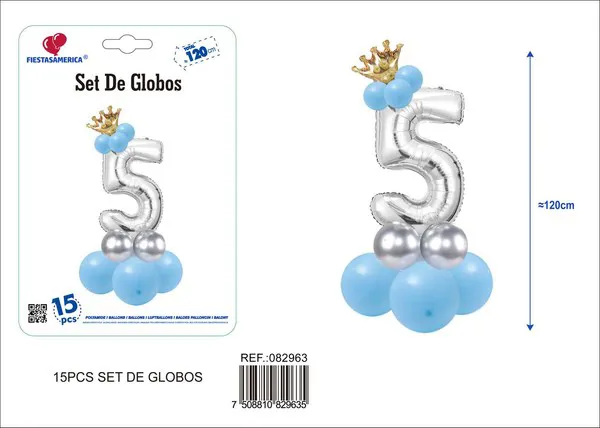 Set de globos azul de 15 piezas con número de corona, color plateado, número 5