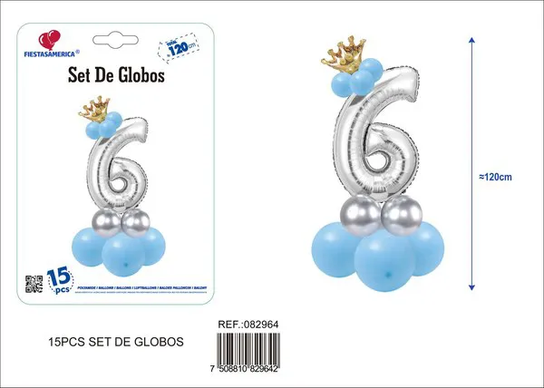 Set de globos azul de 15 piezas con número de corona, color plateado, número 6