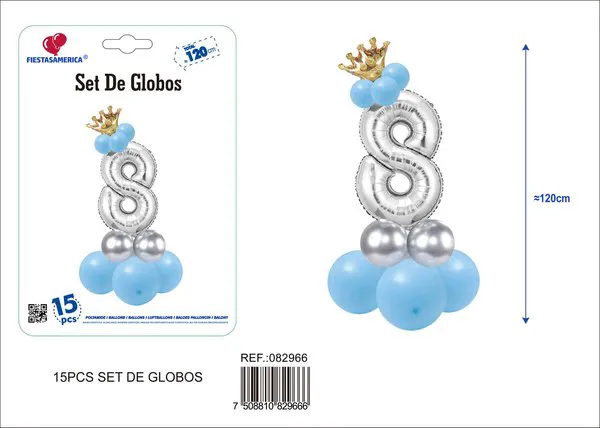 Set de globos azul de 15 piezas con número de corona, color plateado, número 8