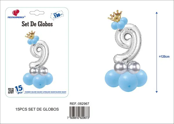 Set de globos azul de 15 piezas con número de corona, color plateado, número 9