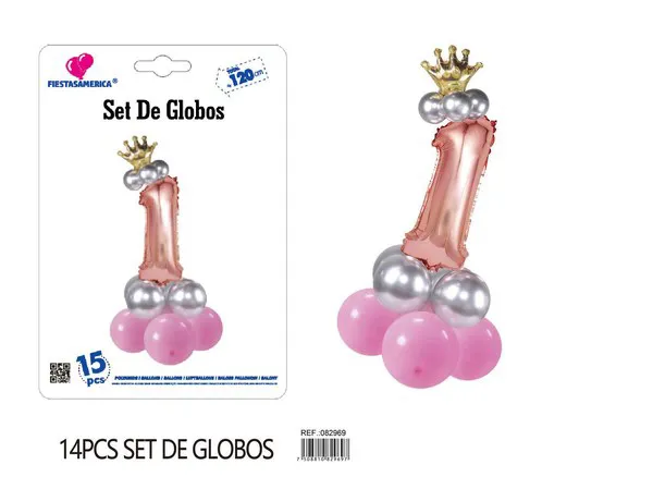 Set de globos rosa de 15 piezas con número de corona, color oro rosa, número 1