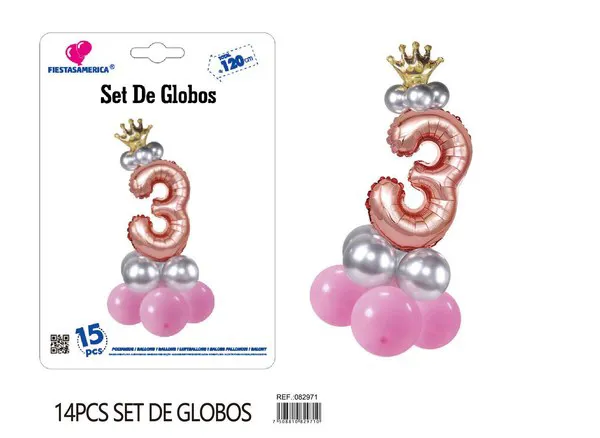 Set de globos rosa de 15 piezas con número de corona, color oro rosa, número 3