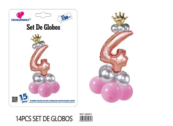 Set de globos rosa de 15 piezas con número de corona, color oro rosa, número 4