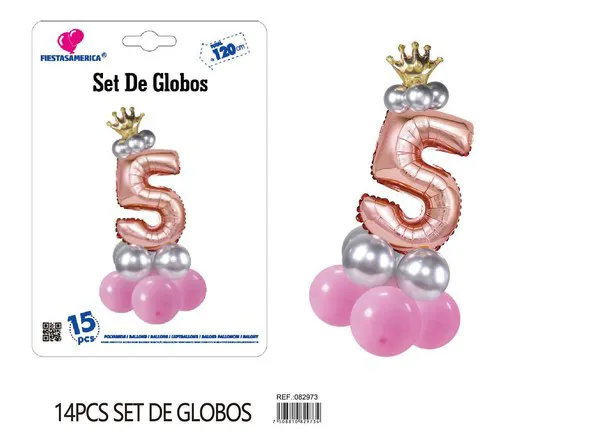 Set de globos rosa de 15 piezas con número de corona, color oro rosa, número 5