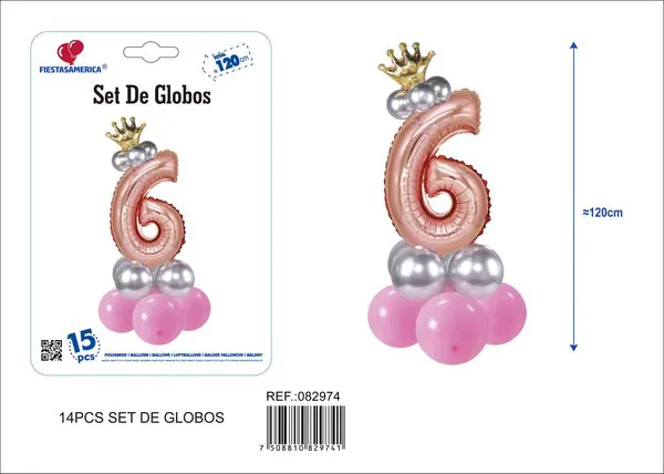 Set de globos rosa de 15 piezas con número de corona, color oro rosa, número 6