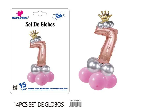 Set de globos rosa de 15 piezas con número de corona, color oro rosa, número 7