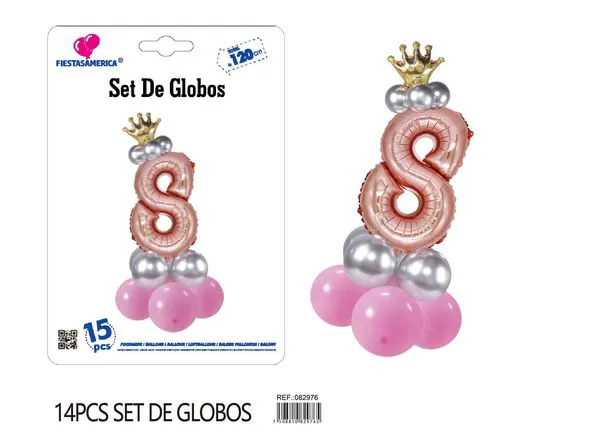 Set de globos rosa de 15 piezas con número de corona, color oro rosa, número 8