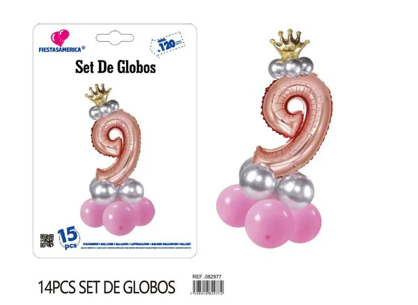Set de globos rosa de 15 piezas con número de corona, color oro rosa, número 9