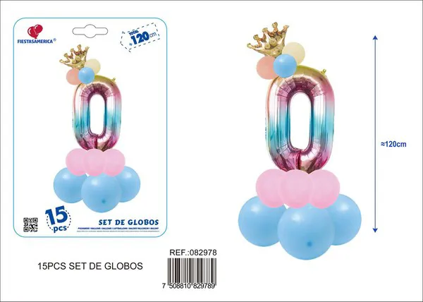 Set de globos de 15 piezas con número de corona, color degradado, número 0