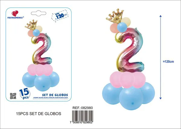 Set de globos de 15 piezas con número de corona, color degradado, número 2