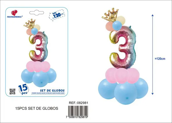 Set de globos de 15 piezas con número de corona, color degradado, número 3