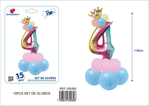 Set de globos de 15 piezas con número de corona, color degradado, número 4