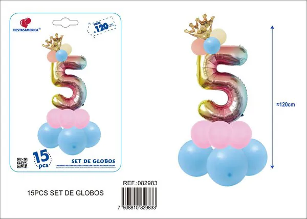 Set de globos de 15 piezas con número de corona, color degradado, número 5