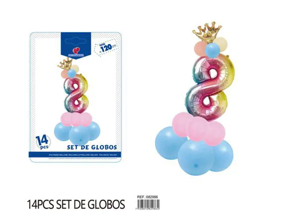 Set de globos de 15 piezas con número de corona, color degradado, número 8