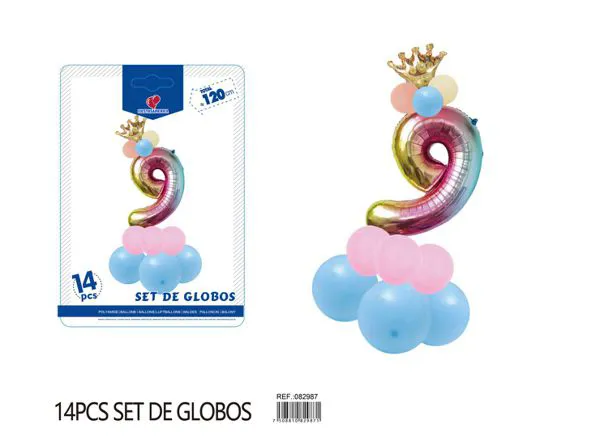 Set de globos de 15 piezas con número de corona, color degradado, número 9