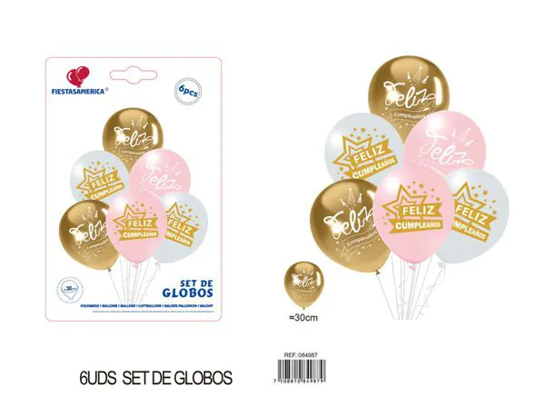 Set pequeño de globos impresos de cumpleaños en español, 6 piezas