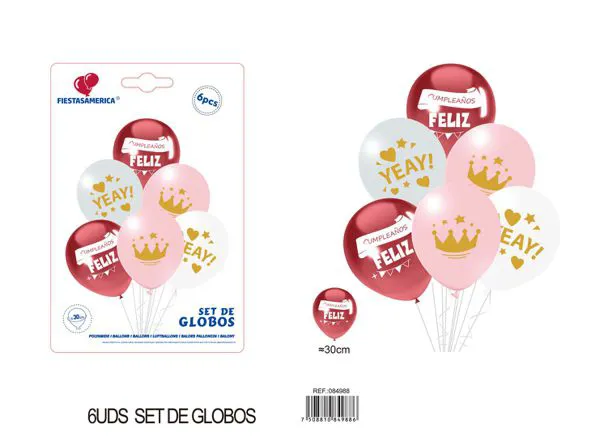 Set pequeño de globos impresos de cumpleaños en español, 6 piezas