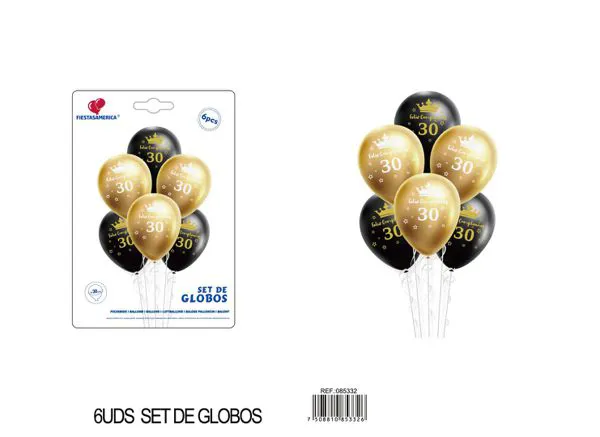 Set de globos impresos de feliz cumpleaños 30 en español, 6 piezas