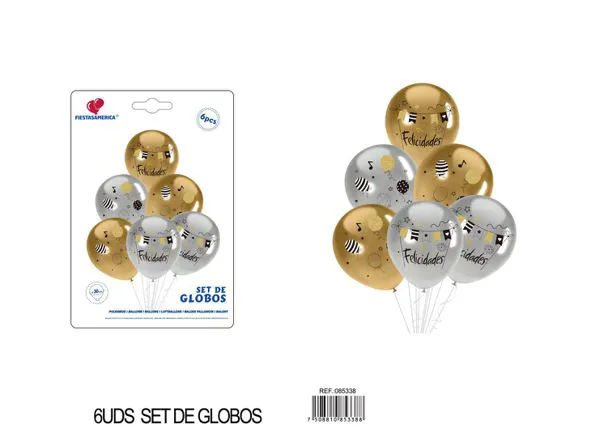 Set de globos impresos, colores dorado y plateado, 6 piezas
