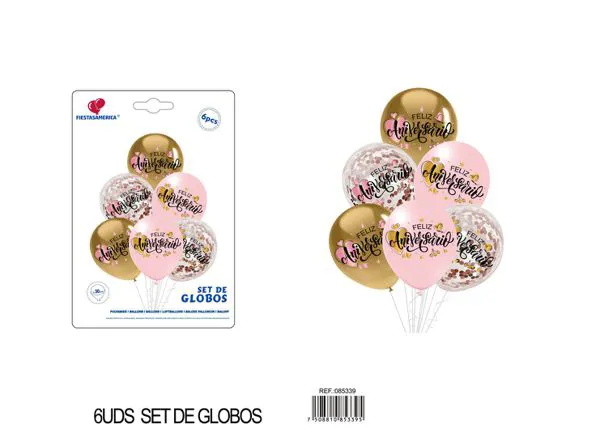 Set de globos impresos, colores dorado y rosa, 6 piezas