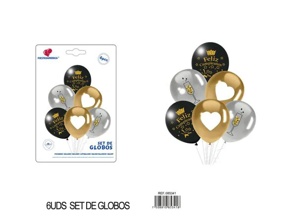Set pequeño de globos impresos, colores dorado y plateado, 6 piezas