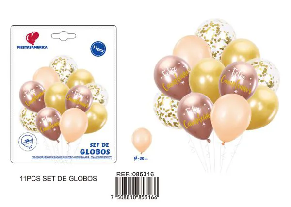 Set de globos impresos, colores dorado y rosa, 11 piezas