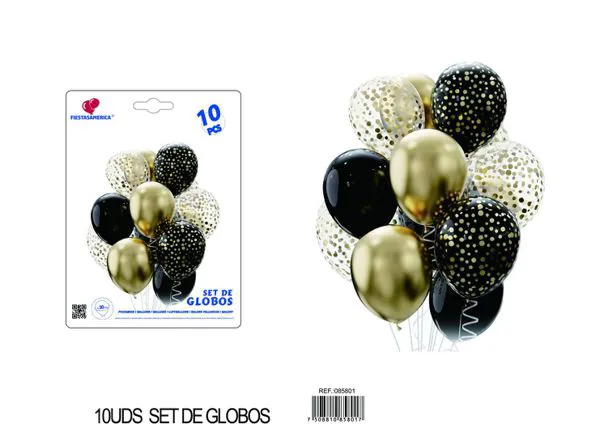 Set pequeño de globos de puntos, colores negro y dorado, 10 piezas