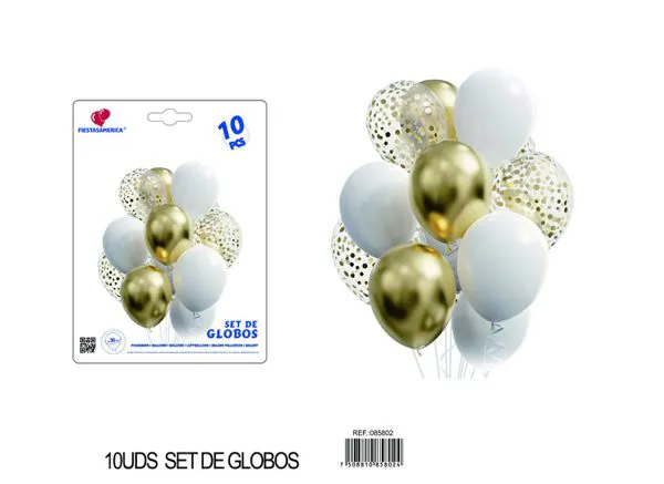 Set pequeño de globos de puntos, colores blanco y dorado, 10 piezas