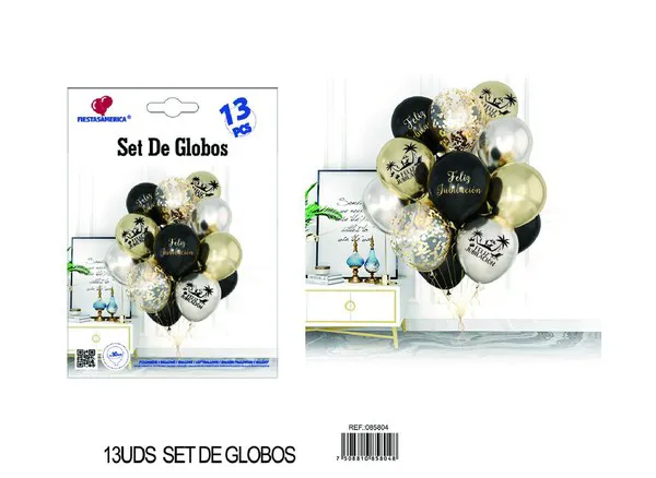 Set pequeño de globos impresos, colores negro y dorado, 13 piezas