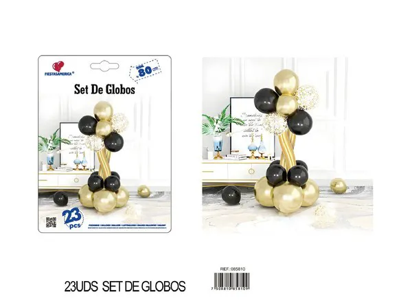 Set de globos de flores con columna, colores negro y dorado, 23 piezas