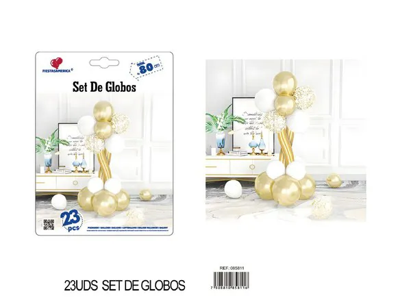 Set de globos de flores con columna, colores blanco y dorado, 23 piezas