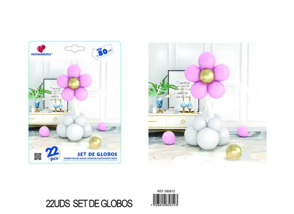 Set de globos de flores con columna, colores rosa y gris, 22 piezas