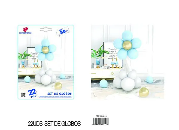 Set de globos de flores con columna, colores azul y gris, 22 piezas