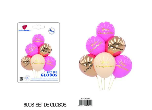 Set pequeño de globos impresos, colores rosa y dorado, 6 piezas