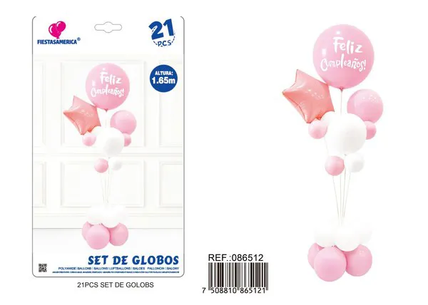 Set de globos con columna color rosa, 21 piezas