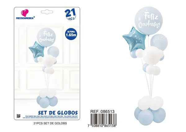 Set de globos con columna color azul, 21 piezas