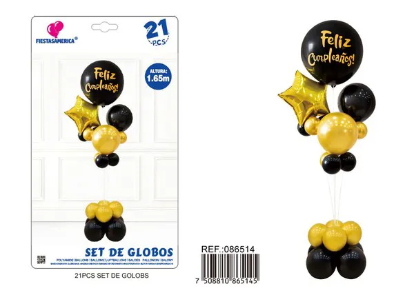 Set de globos con columna, colores negro y dorado, 21 piezas