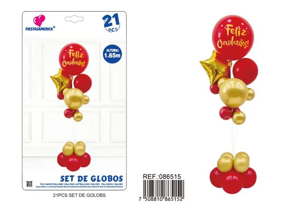 Set de globos con columna, colores dorado y rojo, 21 piezas