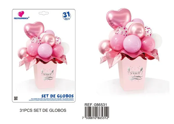 Set de globos con florero color rosa, 31 piezas
