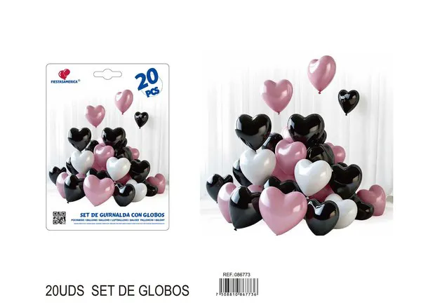Set de globos de corazón de 2.2 g, colores negro, blanco y rosa, 20 piezas