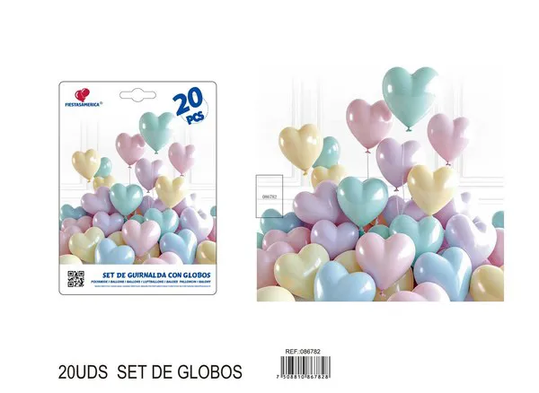 Set de globos de corazón color macaron, 20 piezas