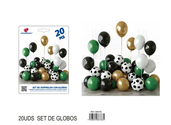 Set de globos de fútbol, colores negro, blanco, dorado y verde, 20 piezas