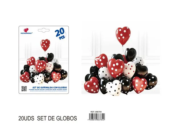 Set de globos de corazón con estampado de puntos, colores rojo, blanco y negro, 20 piezas