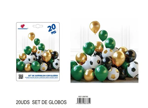 Set de globos de fútbol, colores blanco, negro, dorado y verde, 20 piezas