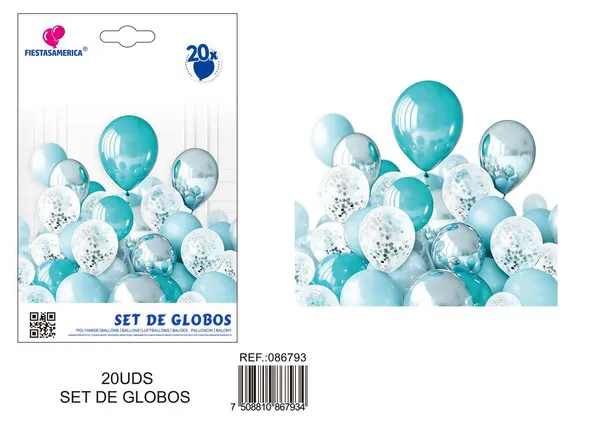 Set de globos color azul Tiffany macaron con lentejuelas, 20 piezas