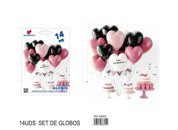 Set pequeño de globos de corazón de feliz cumpleaños en español, colores negro, blanco y rosa, 14 piezas