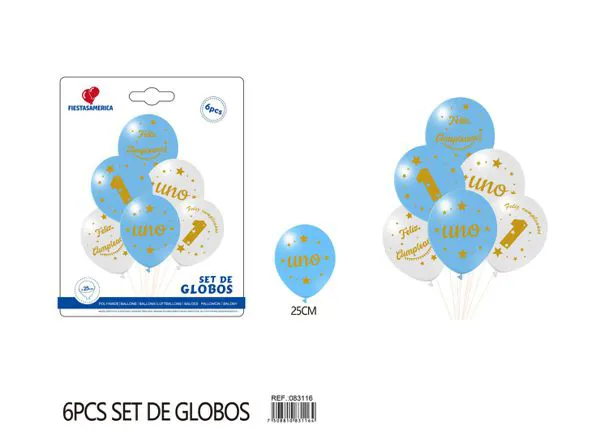 Set pequeño de globos impresos de cumpleaños, azul y blanco, 6 piezas